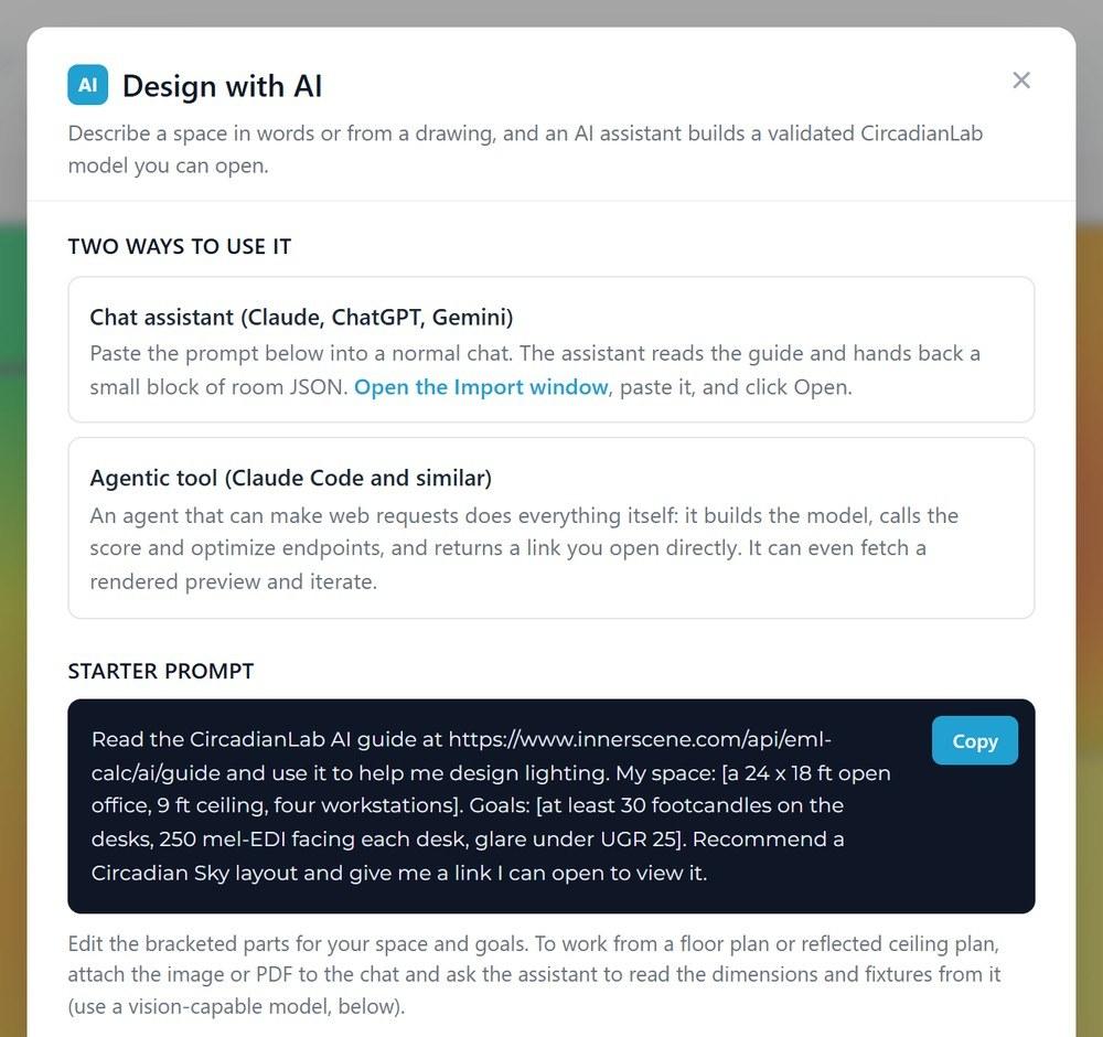 The Design with AI dialog in Circadian Lab, showing two ways to use it and a copyable starter prompt