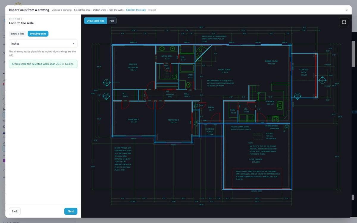 The drawing import wizard at the scale step, with the detected walls highlighted over a residential floor plan