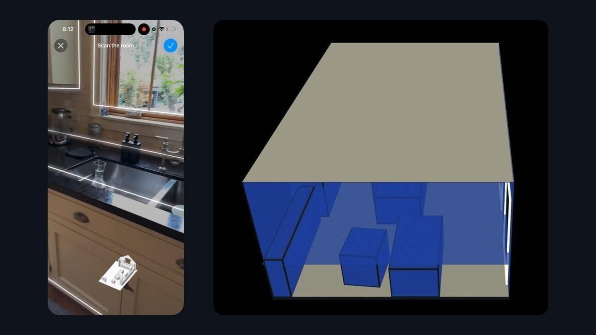 An iPhone scanning a kitchen with RoomPlan beside the same room rebuilt in Circadian Lab