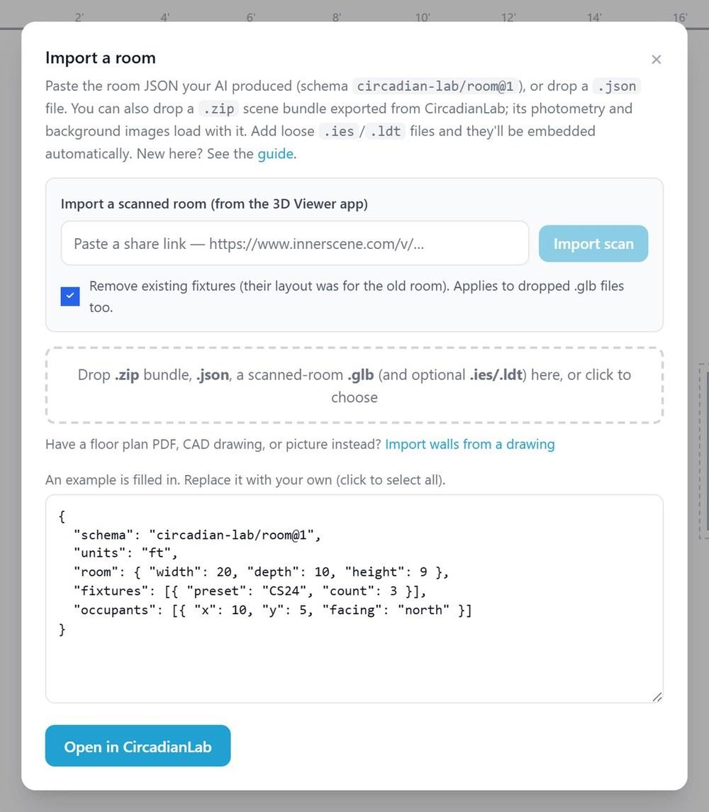 The Import a room dialog with the room JSON box, a share link field and a drop zone