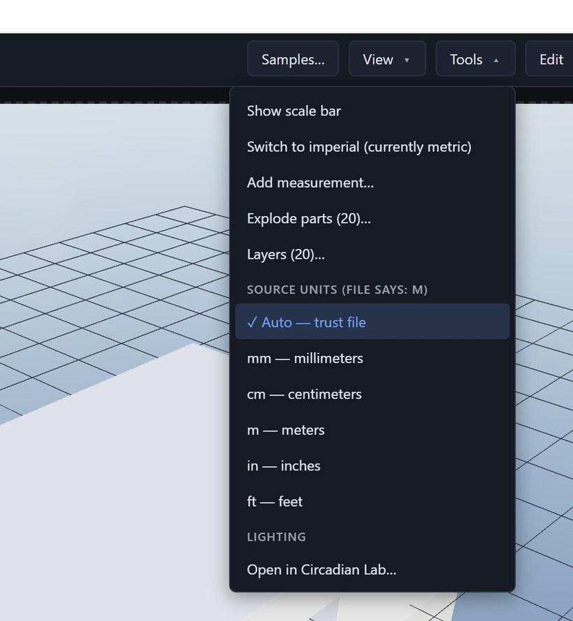 The 3D viewer Tools menu with Open in Circadian Lab at the bottom