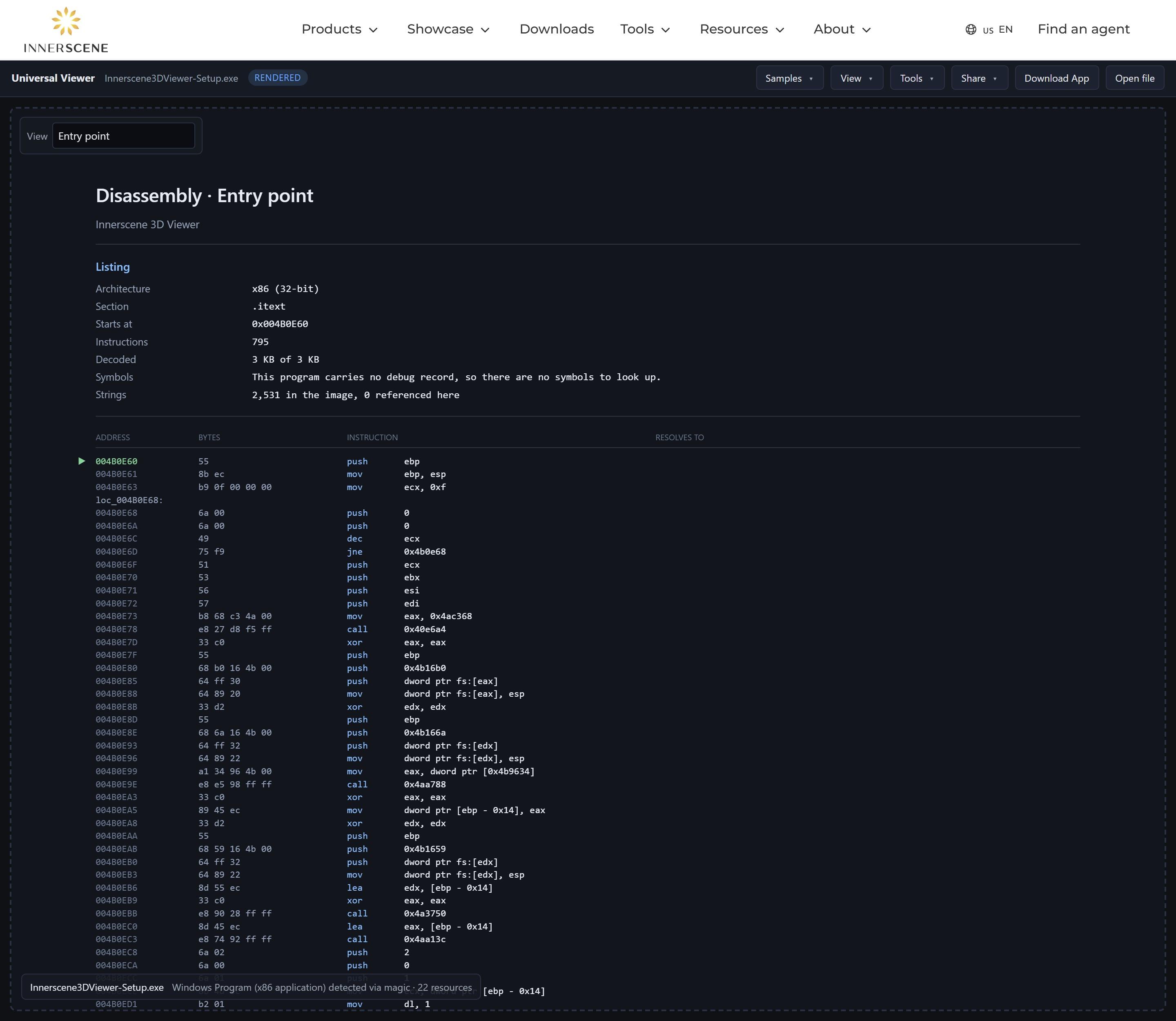 A disassembly listing showing addresses, raw bytes, instructions, and generated labels