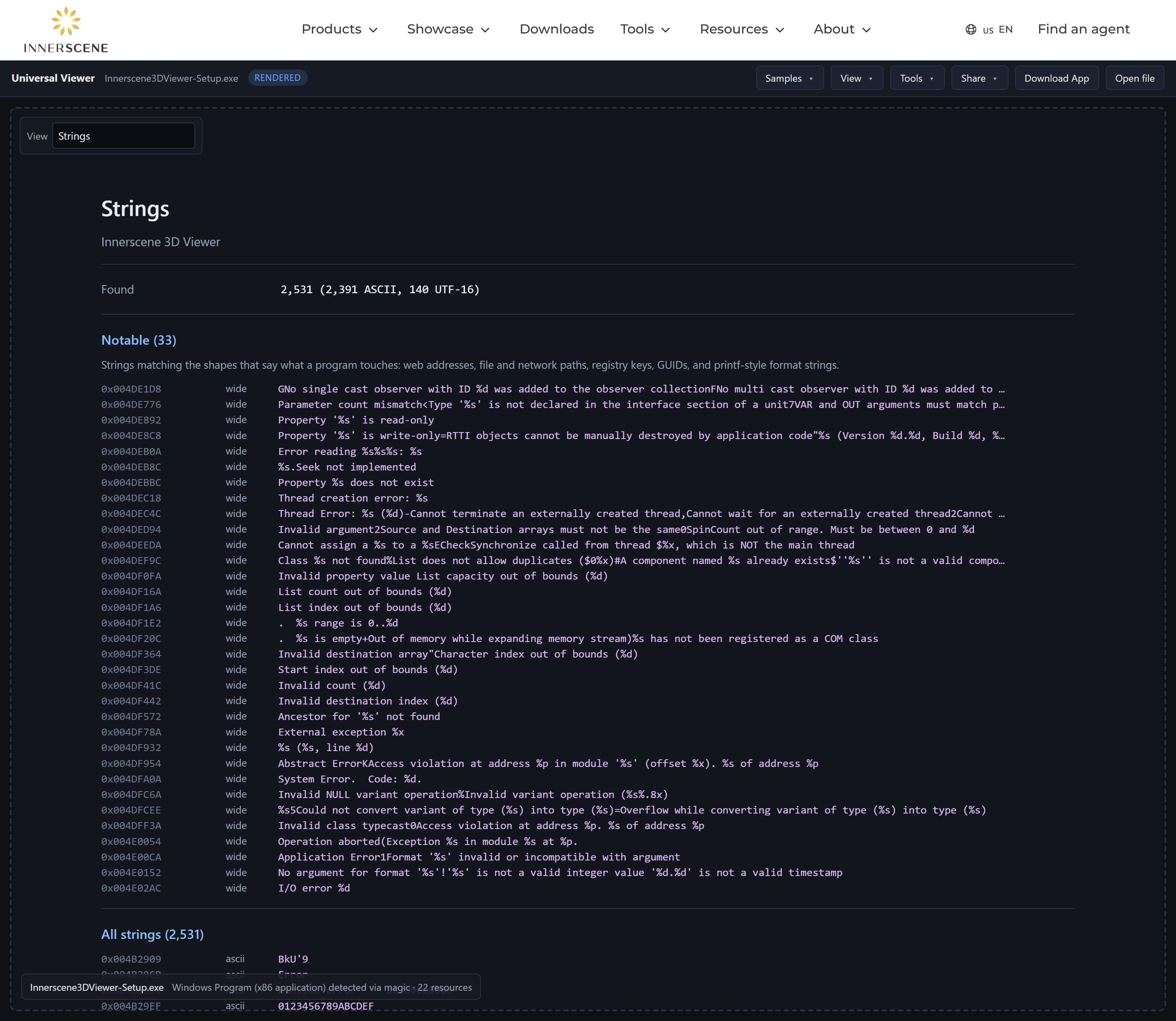The strings view listing embedded text found in a Windows program, with notable entries first