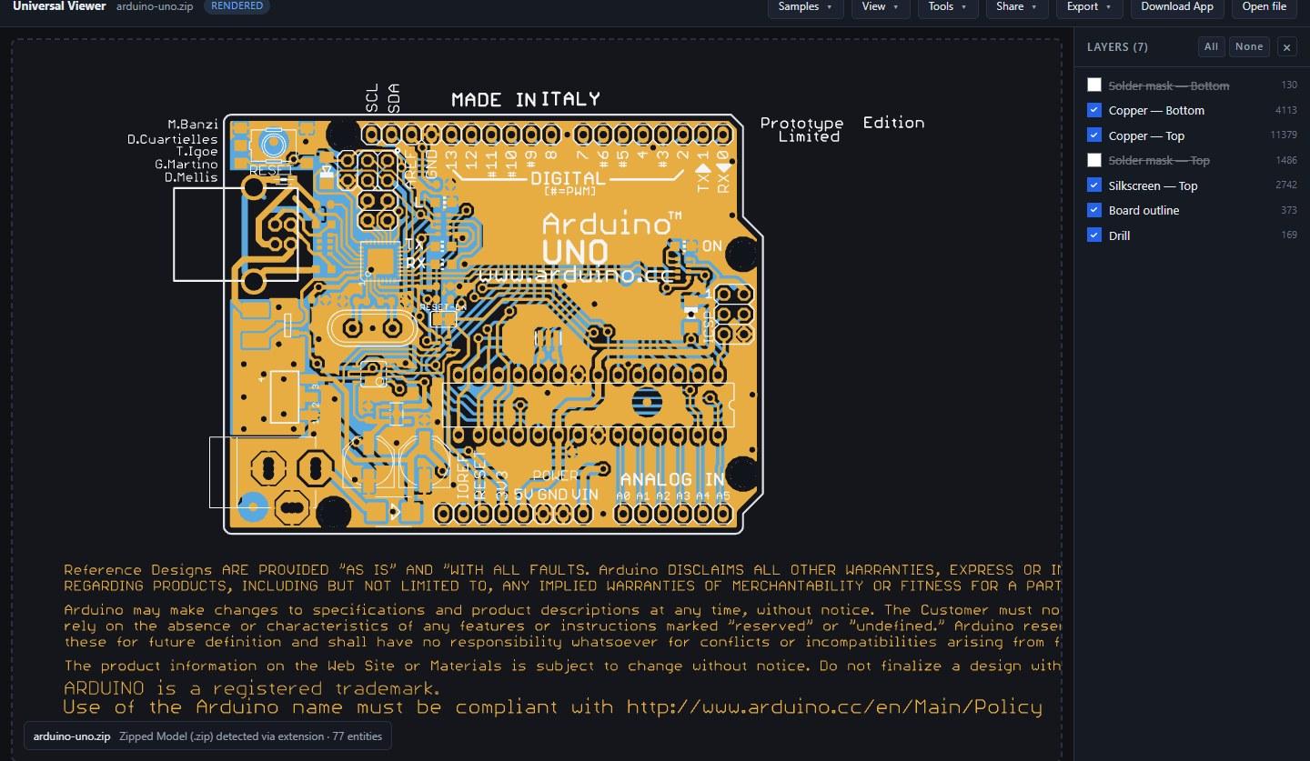 The Arduino Uno Rev3 fabrication package open in the viewer, with its seven layers listed and named in the layer panel