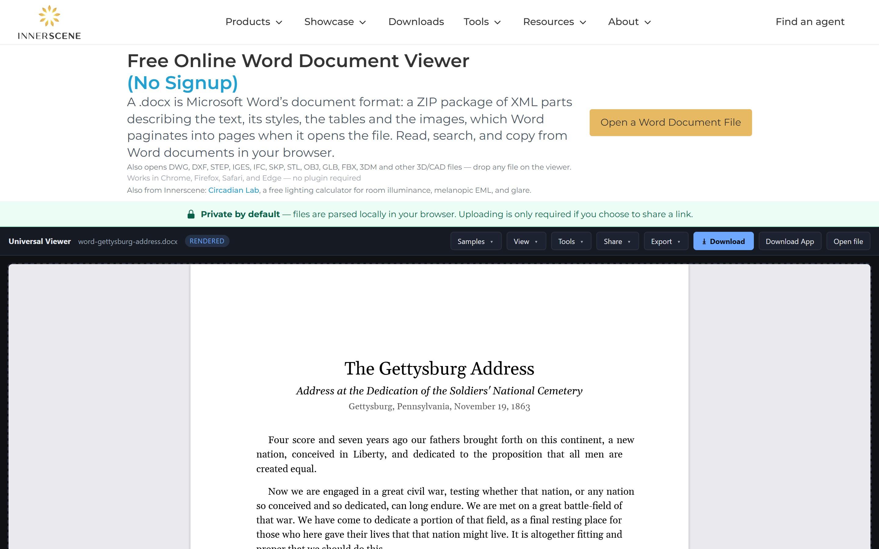The Gettysburg Address opened as a paginated document in the free online Word viewer