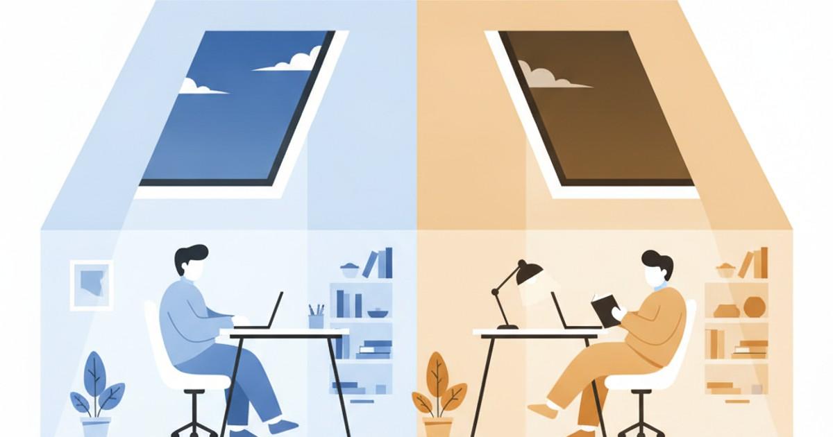 The same room shown twice: cool blue sky light through a skylight during the day, and warm dim lamp light in the evening