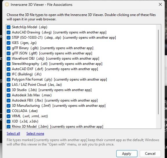 The association picker: a checklist of 3D file types, with the ones already owned by another application marked as such