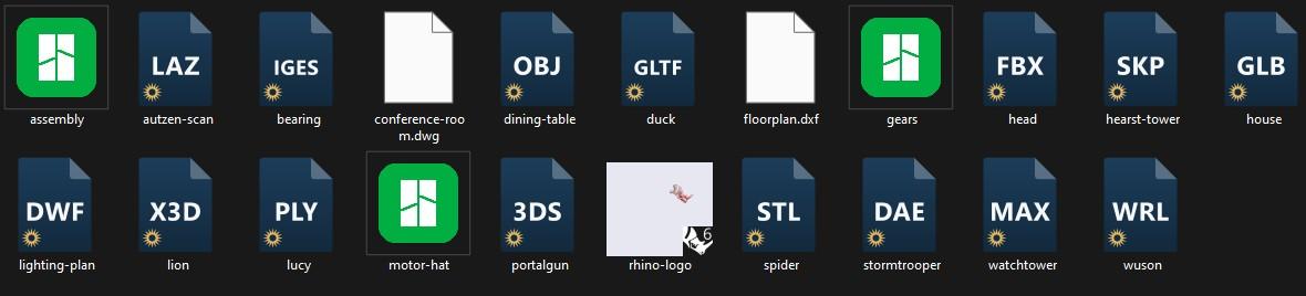 A folder of 3D files in Windows Explorer: most show the Innerscene file icons, while STEP, 3MF and 3DM keep the icons of the applications that already own them