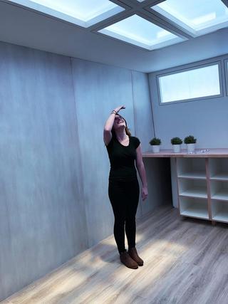 Sun simulation skylights casting natural light and shadows in a commercial space