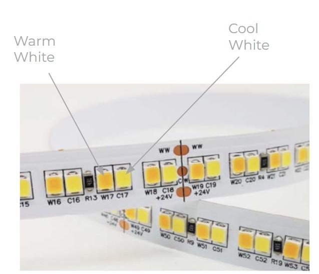 LED strip showing alternating warm white and cool white LEDs used in tunable white systems