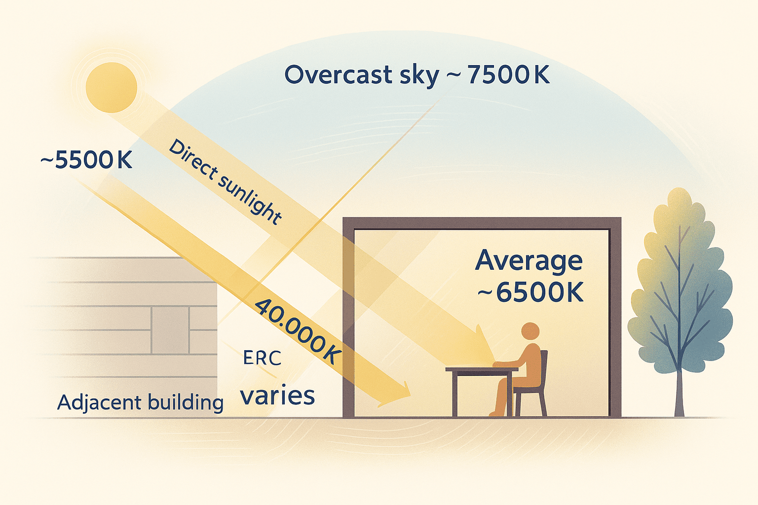 Comparison showing traditional sensors measuring average 6500K vs SkySync measuring true sky color at 40000K