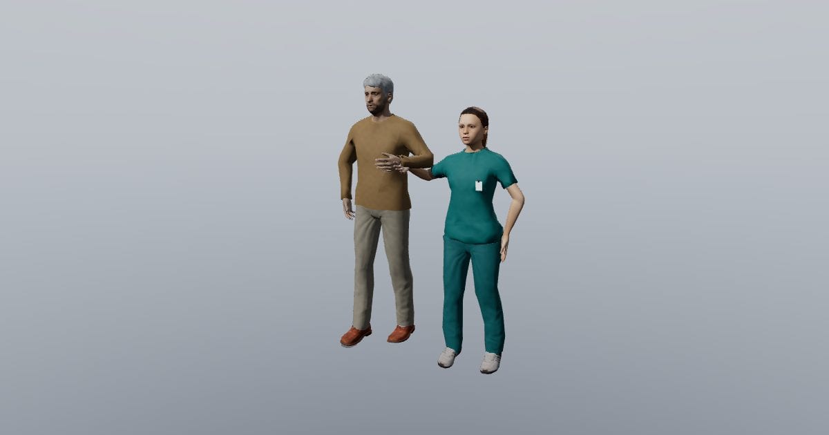 Alex and Casey - 3D Person, Physiotherapist assisting an older adult