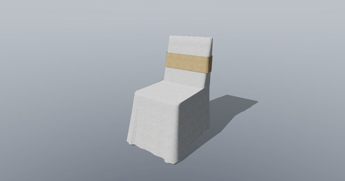 Banquet chair with white fabric cover and satin sash