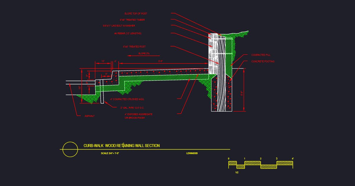 Curb/Walk Wood Retaining Wall Section (USFS LDWA6009)