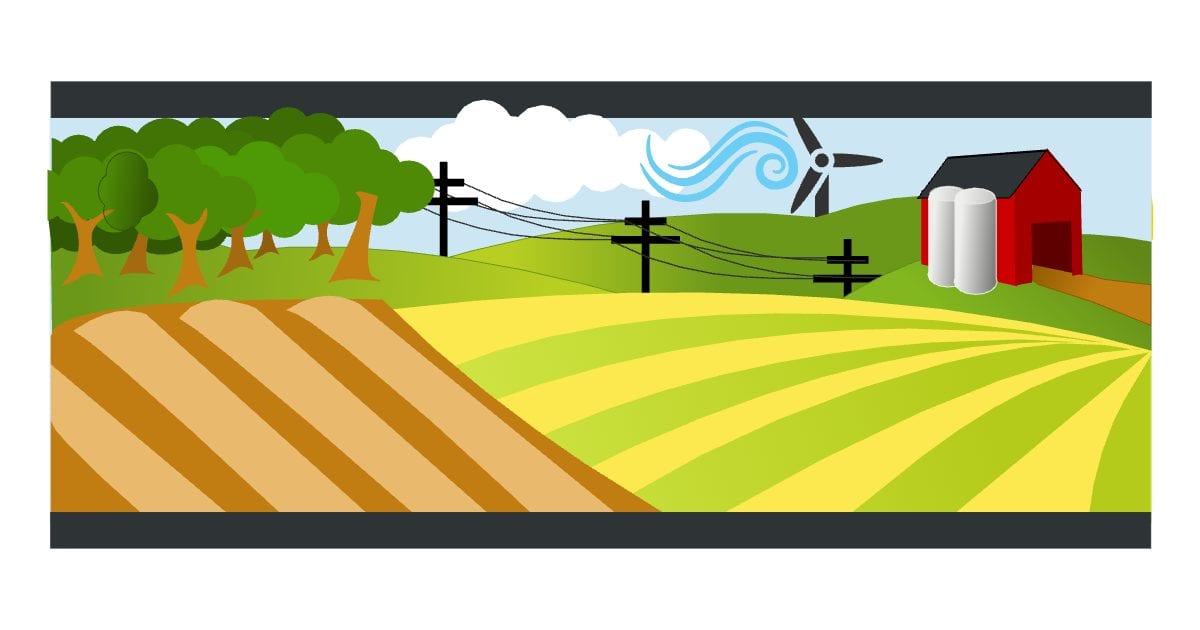 Farm landscape with wind turbines