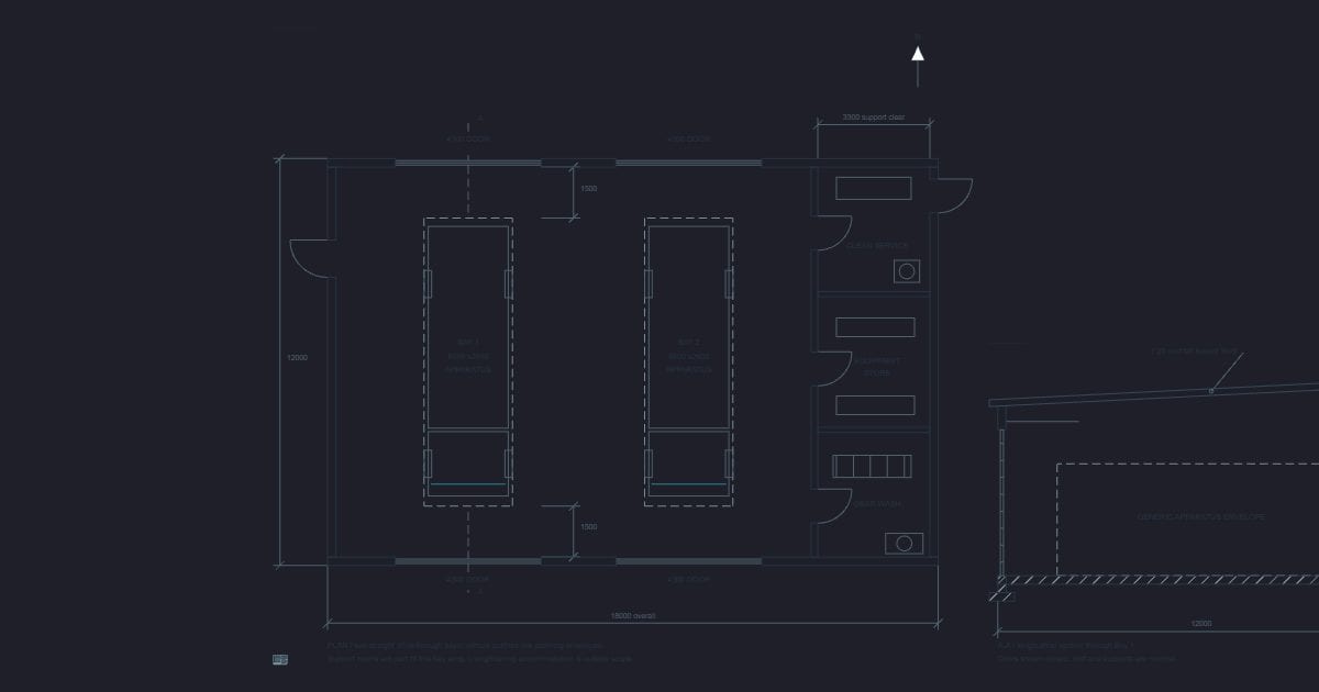 Fire station bay plan and section