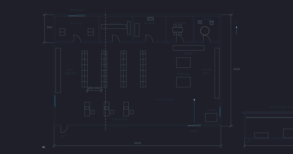 Grocery store 600 square metres plan and section: Free DXF 2D drawing ...