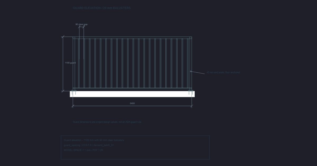 Guard elevation - 1100 mm with 90 mm clear balusters