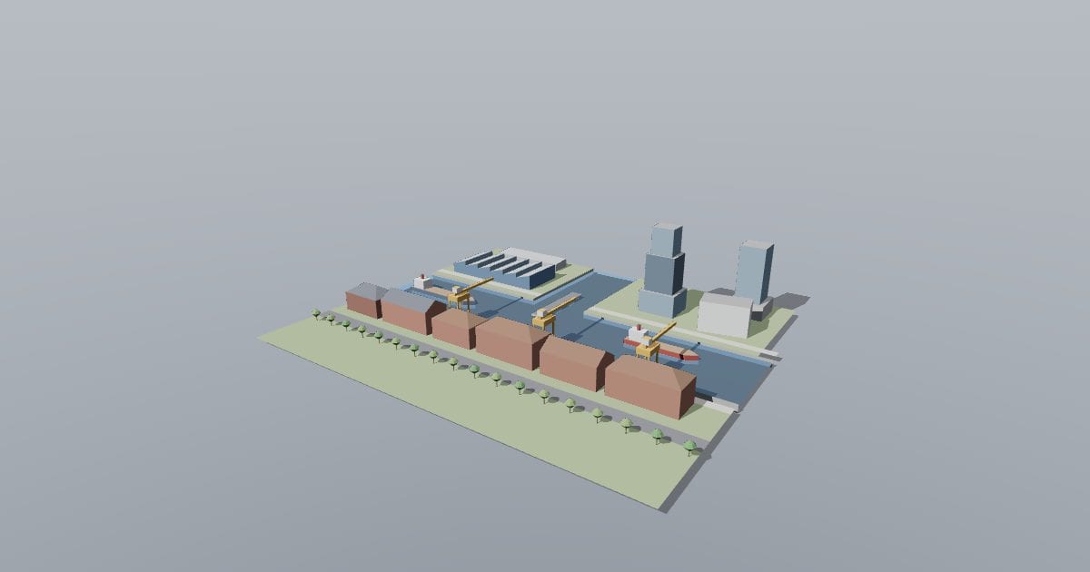 Harbour quarter, warehouses and cranes (CityGML)