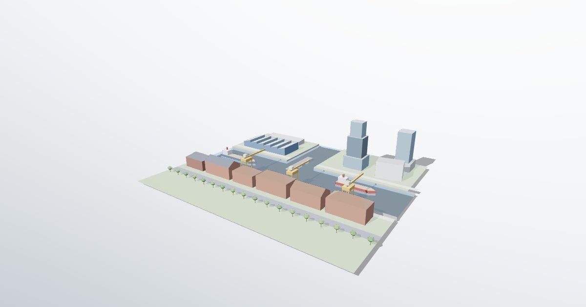 Harbour quarter, warehouses and cranes (CityJSON)
