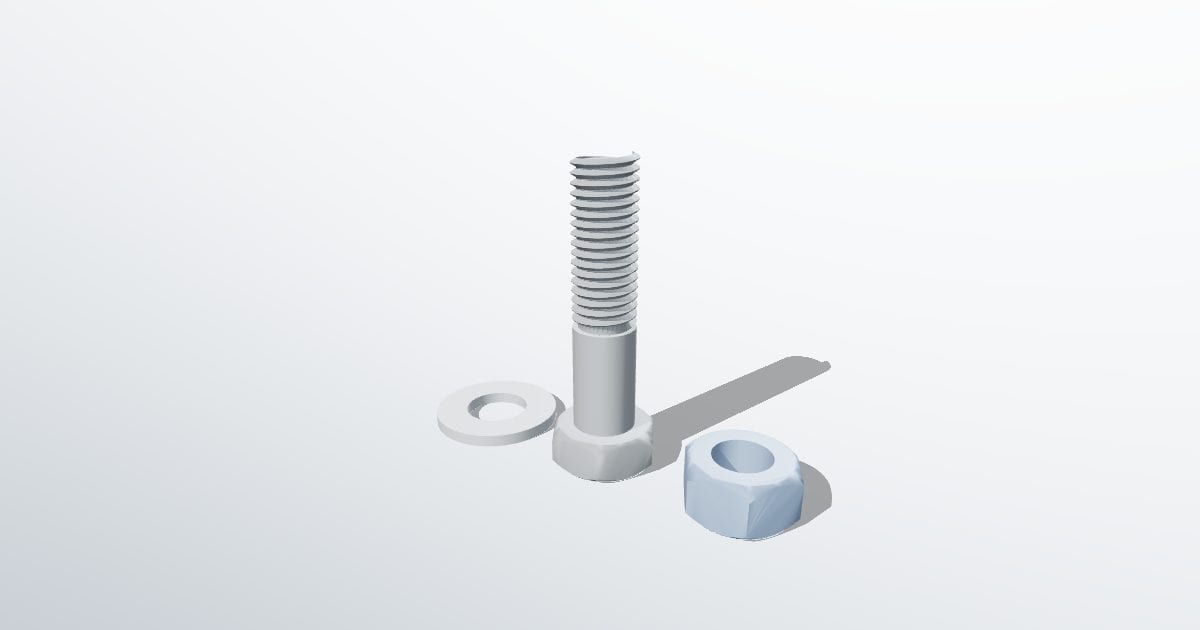 Hex bolt with thread, nut and washer (OpenSCAD)