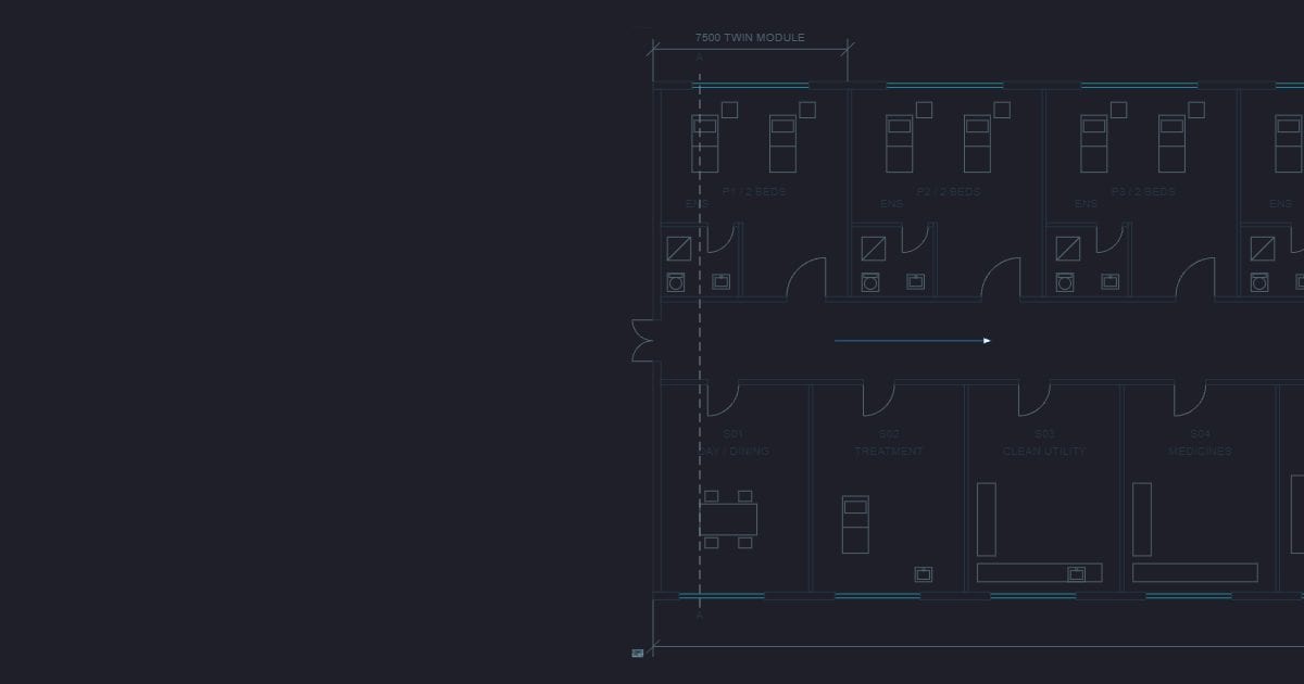 Hospital ward wing 1200 square metres plan and section: Free DXF 2D ...