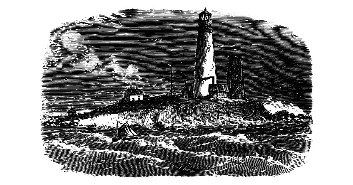 Lighthouse on an island, engraving