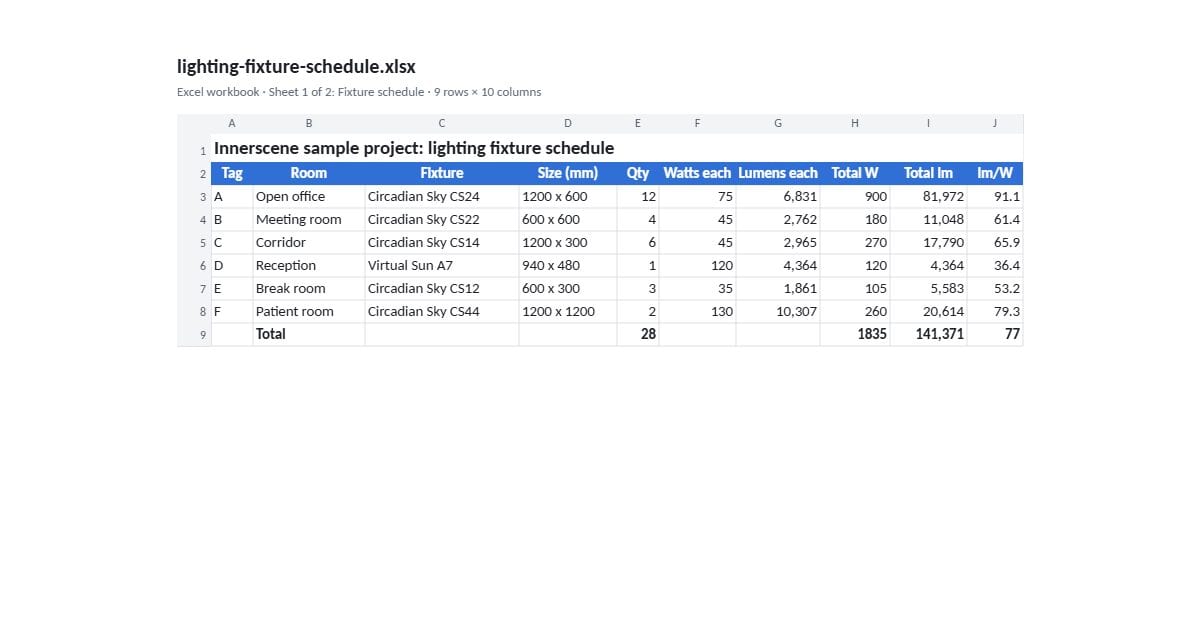 Lighting fixture schedule (Excel)