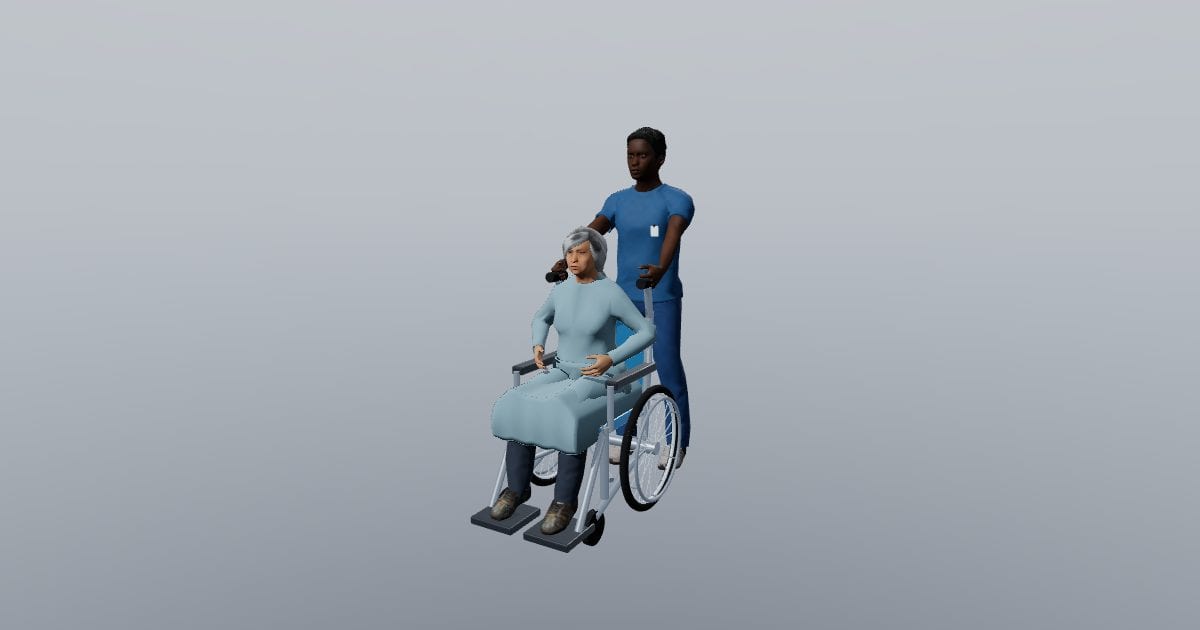 Nora and Micah - 3D Person, Patient in wheelchair with attendant