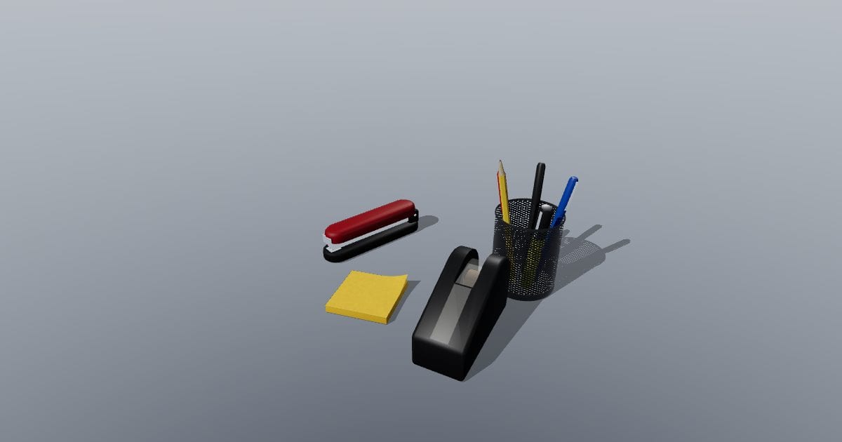 Office supplies set: stapler, tape dispenser, pen cup and sticky notes