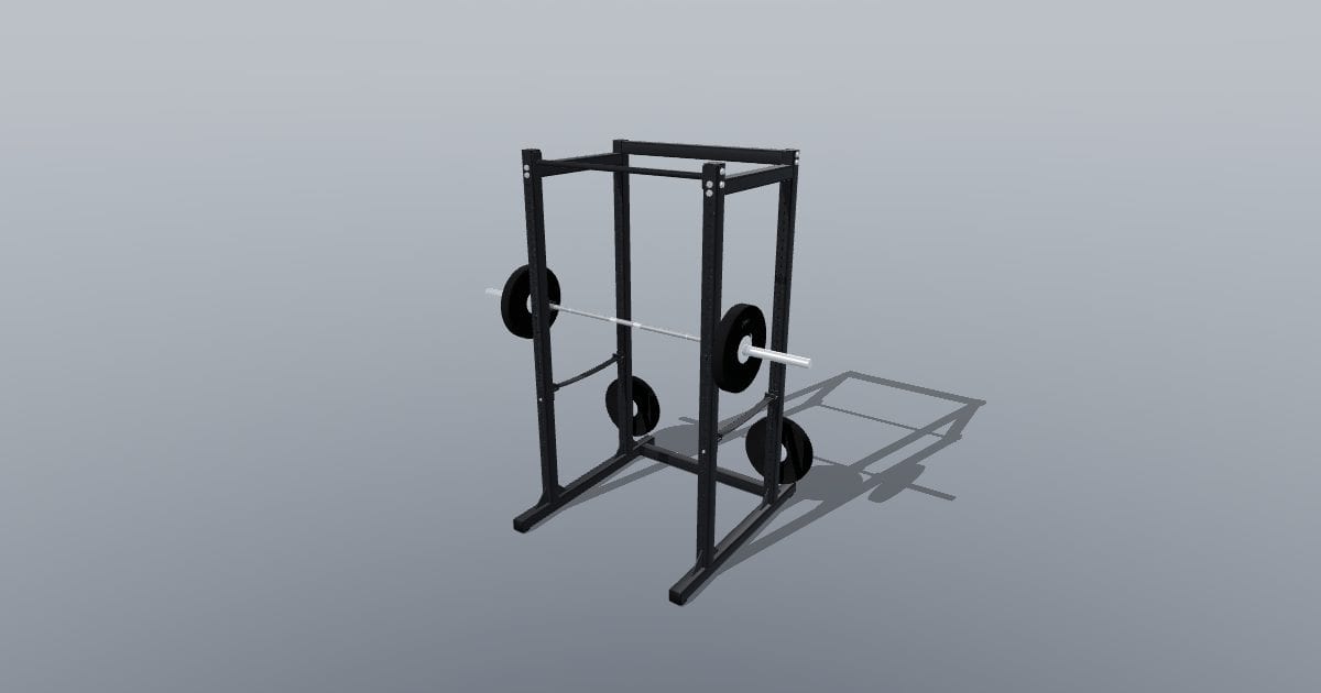 Power rack with barbell, bumper plates and strap safeties