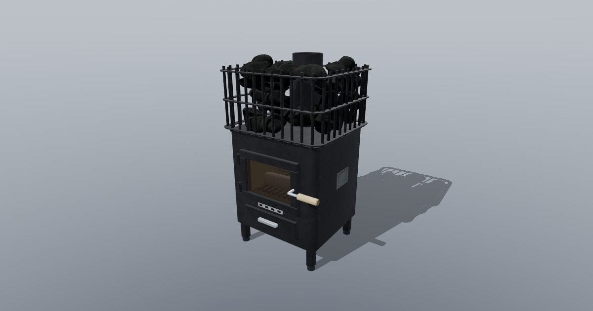 Wood-burning sauna stove with stone basket and stones