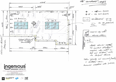 Example annotated ceiling plan with dimensions and a fixture schedule