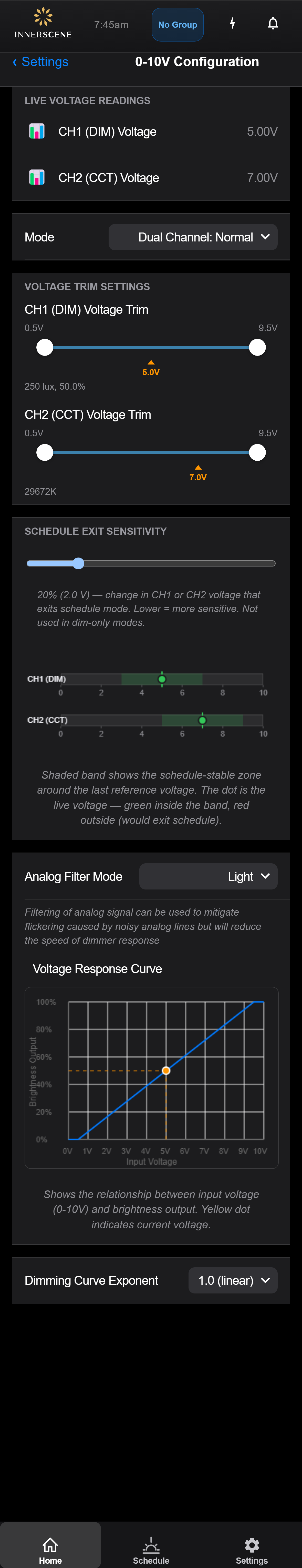 0-10V Configuration screen of the Circadian Sky controller interface