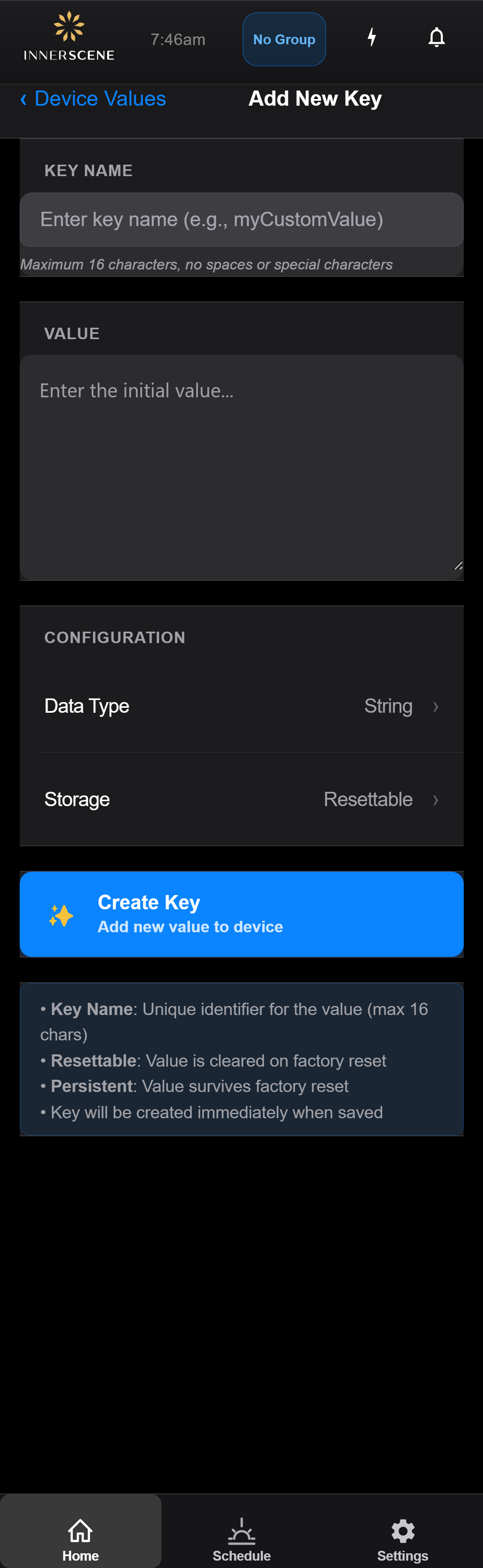 Add New Key screen of the Circadian Sky controller interface