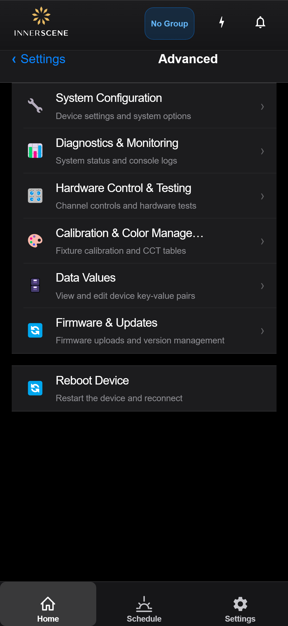 Advanced Settings screen of the Circadian Sky controller interface