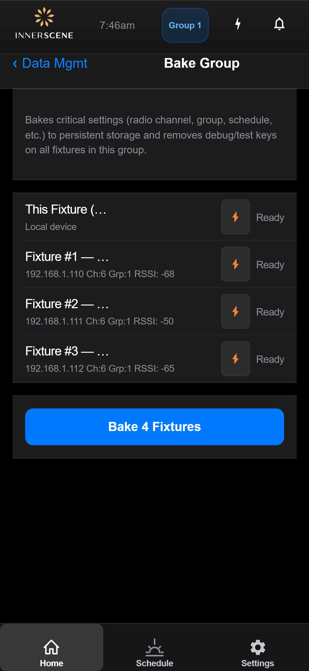 Bake Group screen of the Circadian Sky controller interface