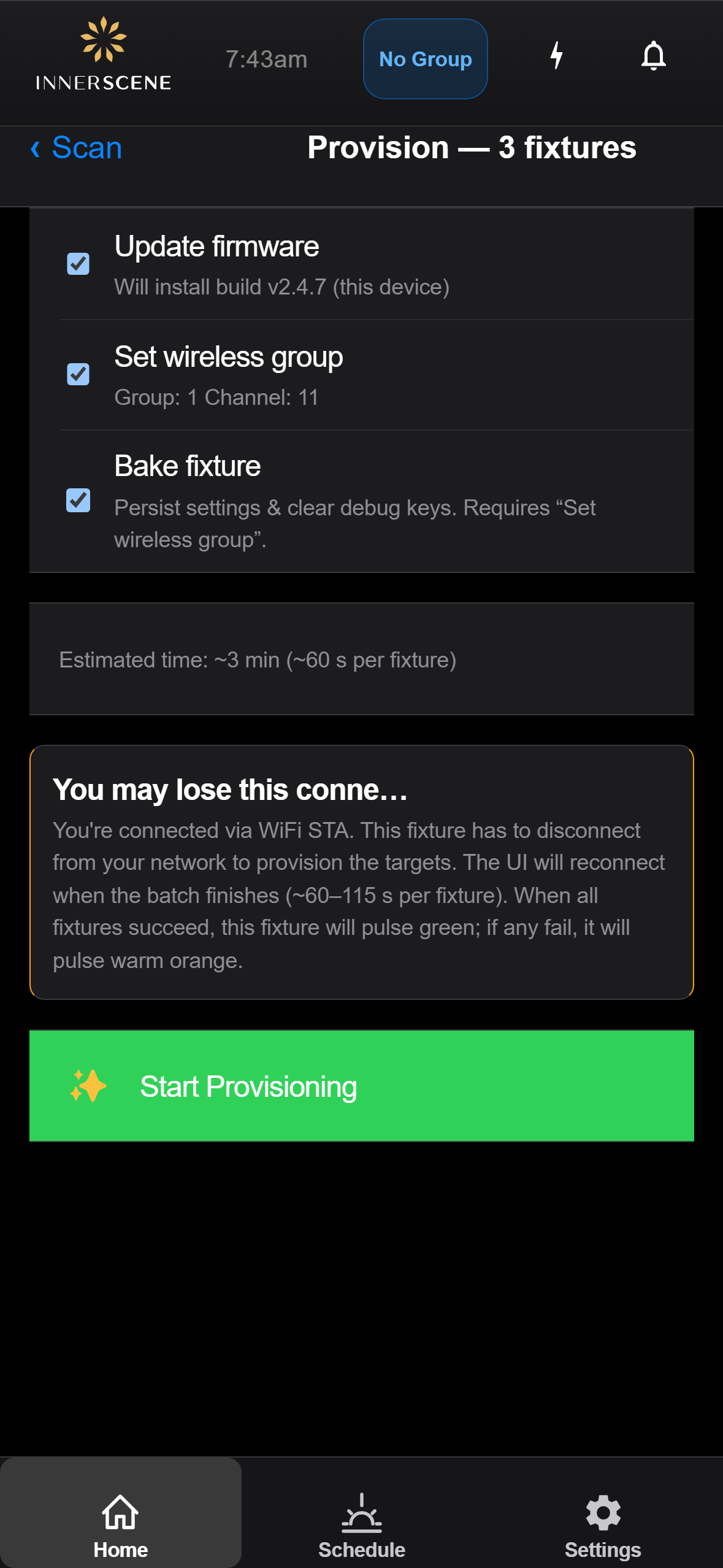 Provision New Fixtures: Config screen of the Circadian Sky controller interface