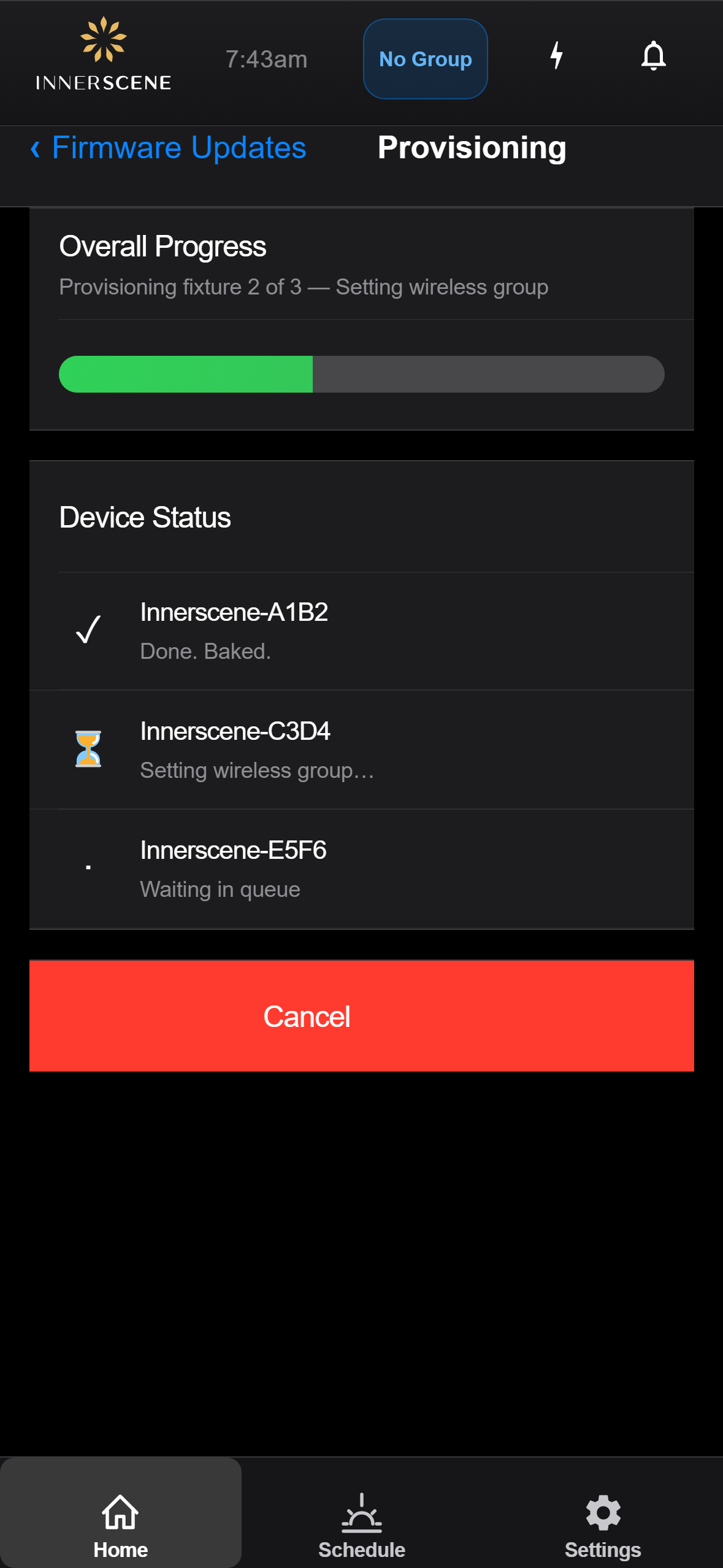 Provision New Fixtures: Progress screen of the Circadian Sky controller interface
