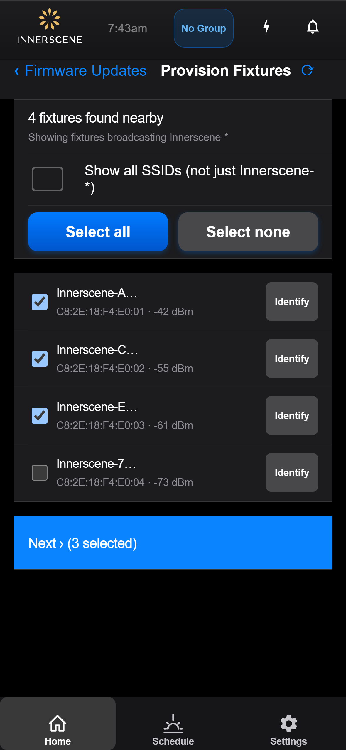 Provision New Fixtures: Scan screen of the Circadian Sky controller interface