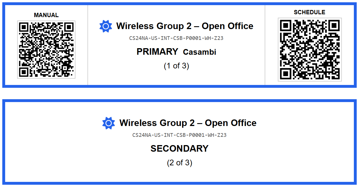 Two carton labels from the same wireless group. Each is headed Wireless Group 2, Open Office with the order's spec code beneath it. The first reads PRIMARY, Casambi, 1 of 3 and carries MANUAL and SCHEDULE QR codes; the second reads SECONDARY, 2 of 3.