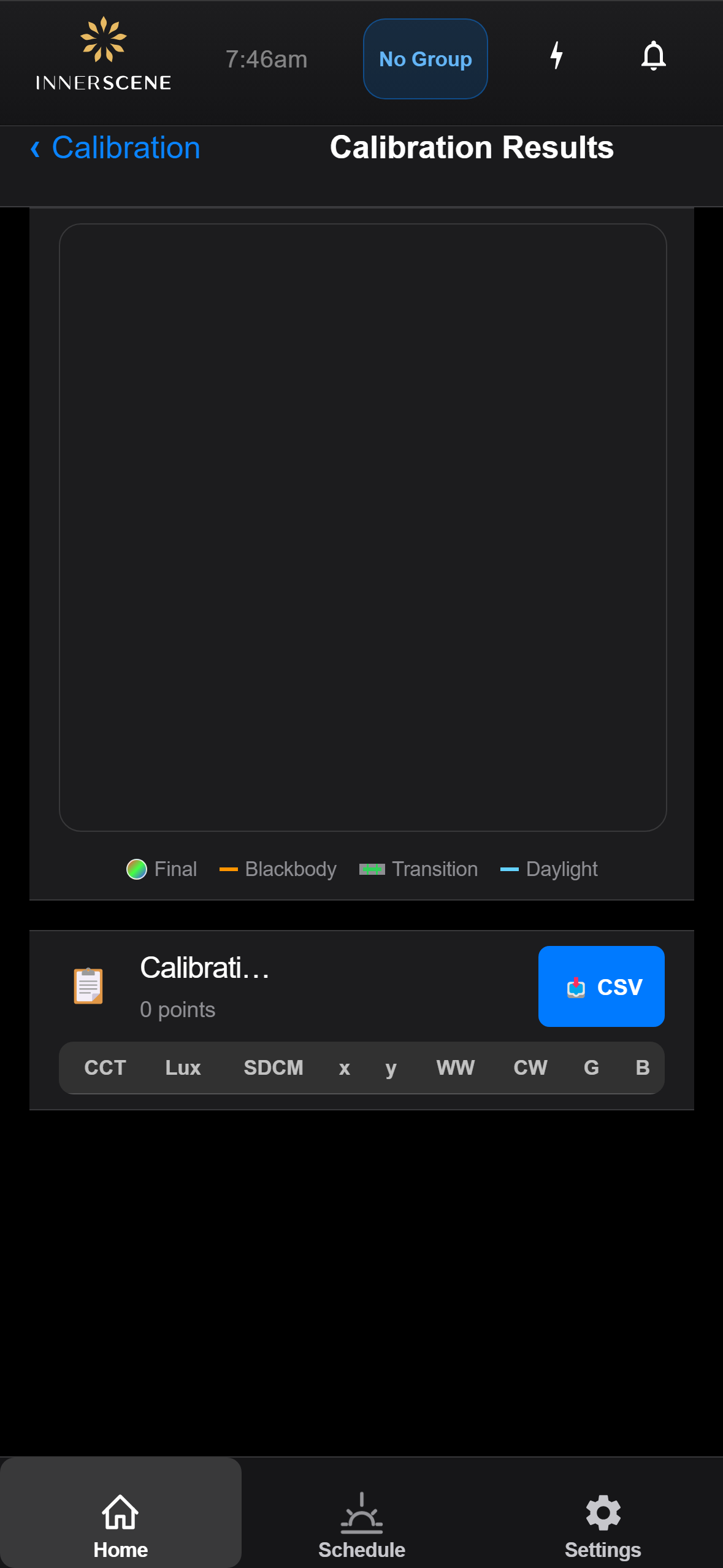 Calibration Results screen of the Circadian Sky controller interface