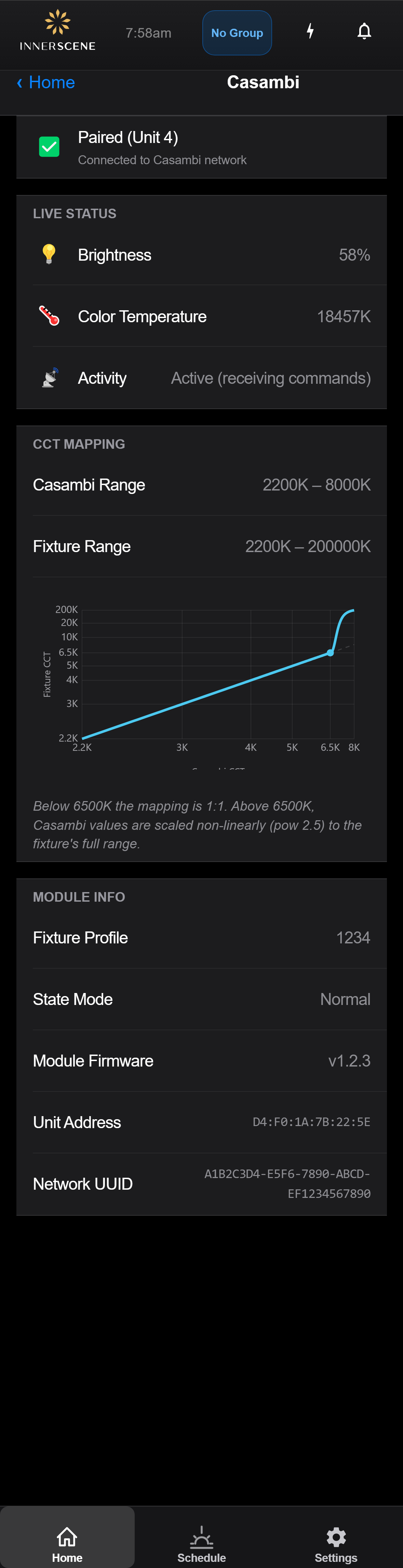 Casambi screen of the Circadian Sky controller interface
