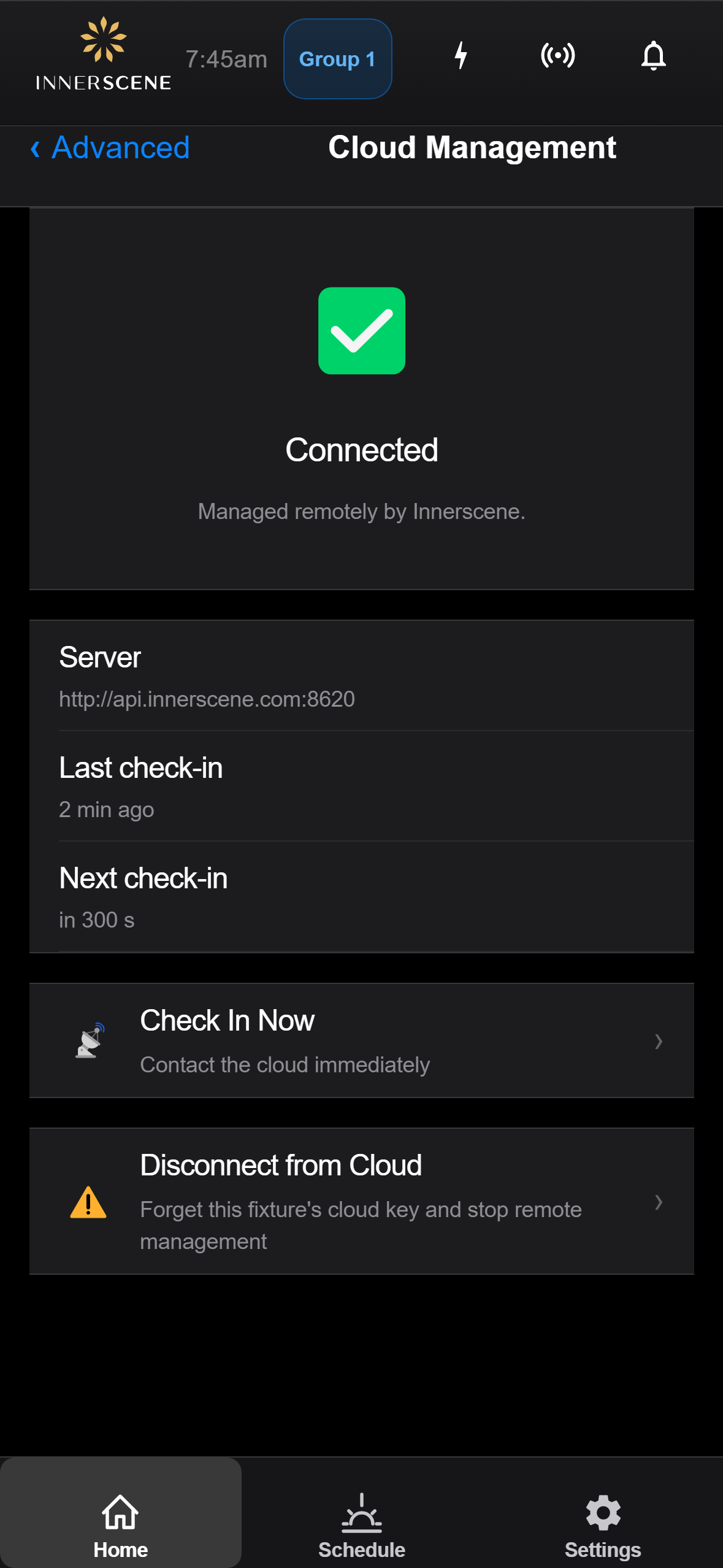 Cloud Management screen of the Circadian Sky controller interface