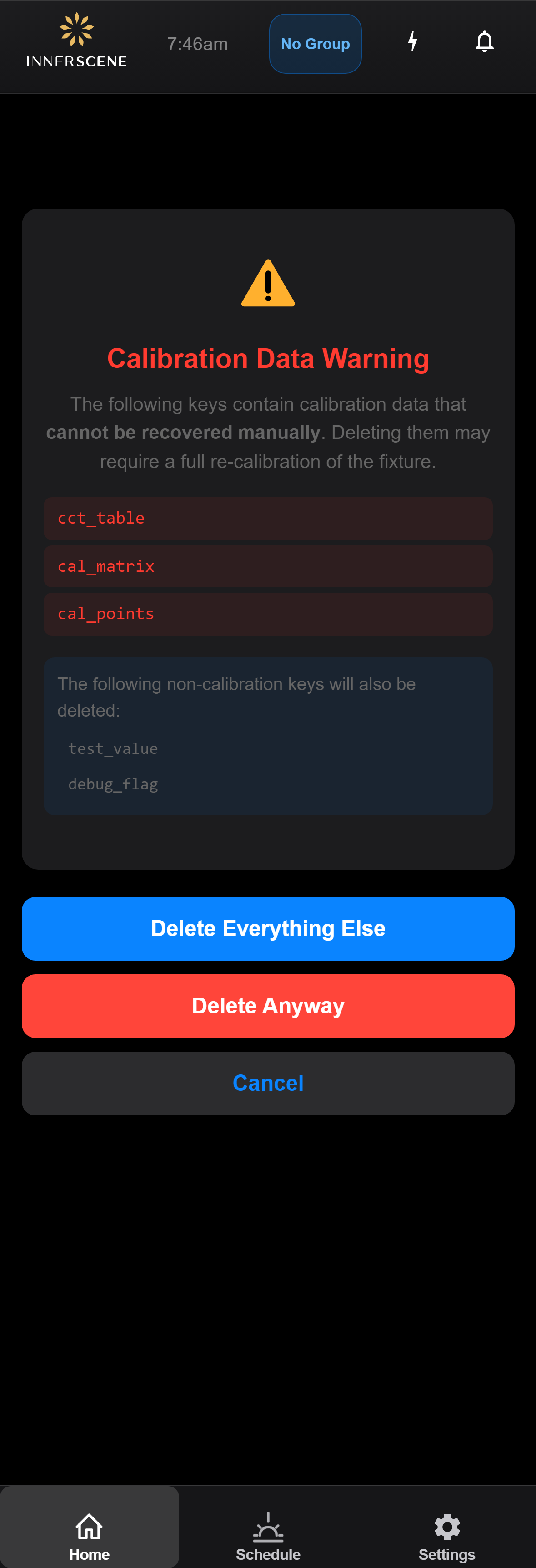 Confirm Calibration Delete screen of the Circadian Sky controller interface