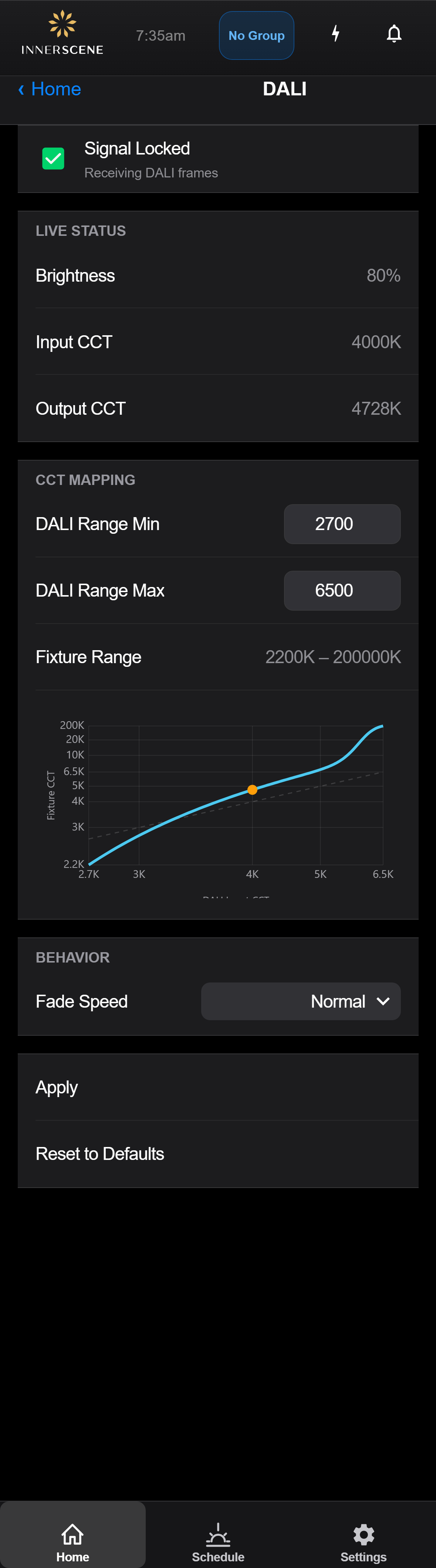 DALI screen of the Circadian Sky controller interface