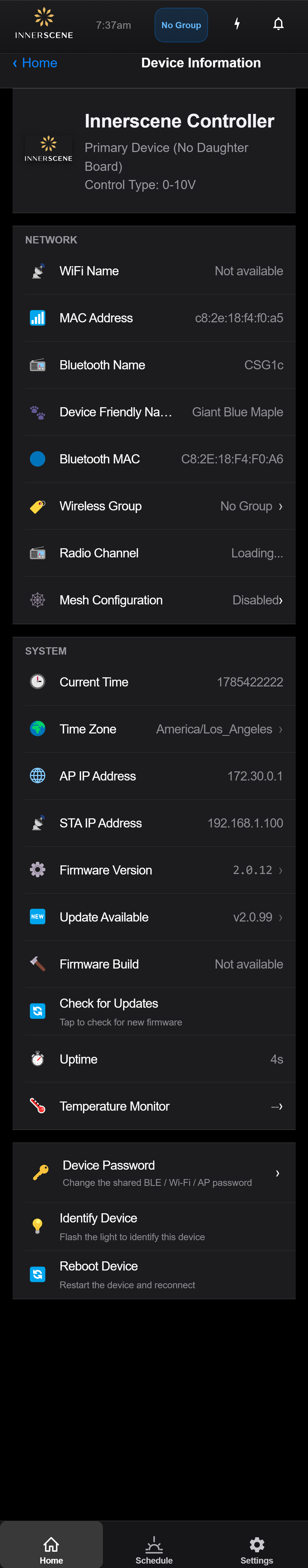 Device Info screen of the Circadian Sky controller interface