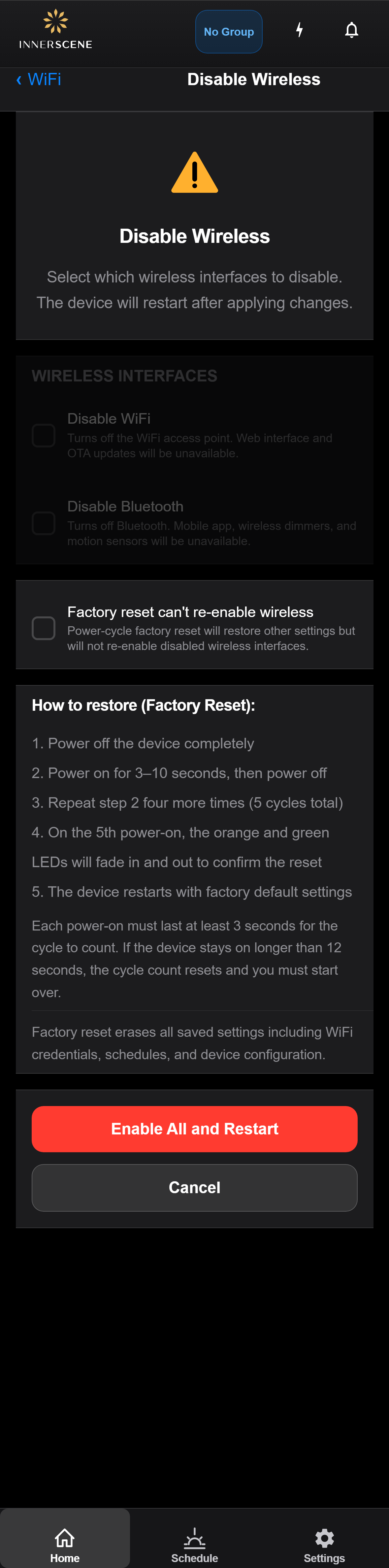 Disable Wireless screen of the Circadian Sky controller interface