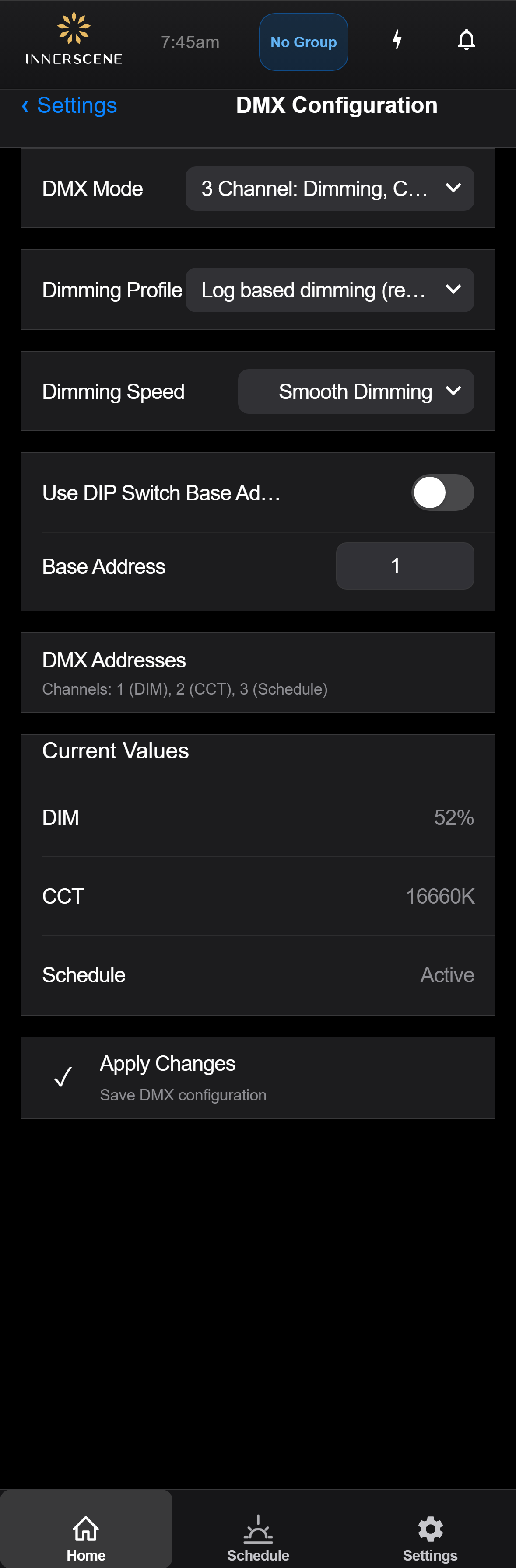 DMX Configuration screen of the Circadian Sky controller interface