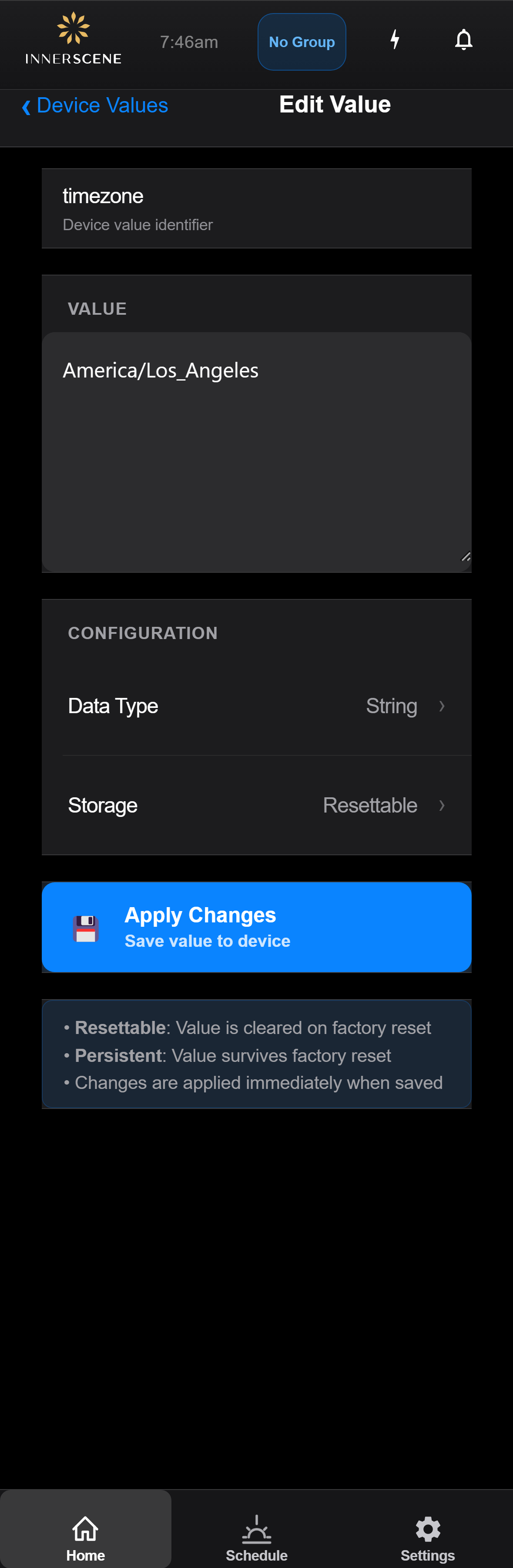 Edit Value screen of the Circadian Sky controller interface